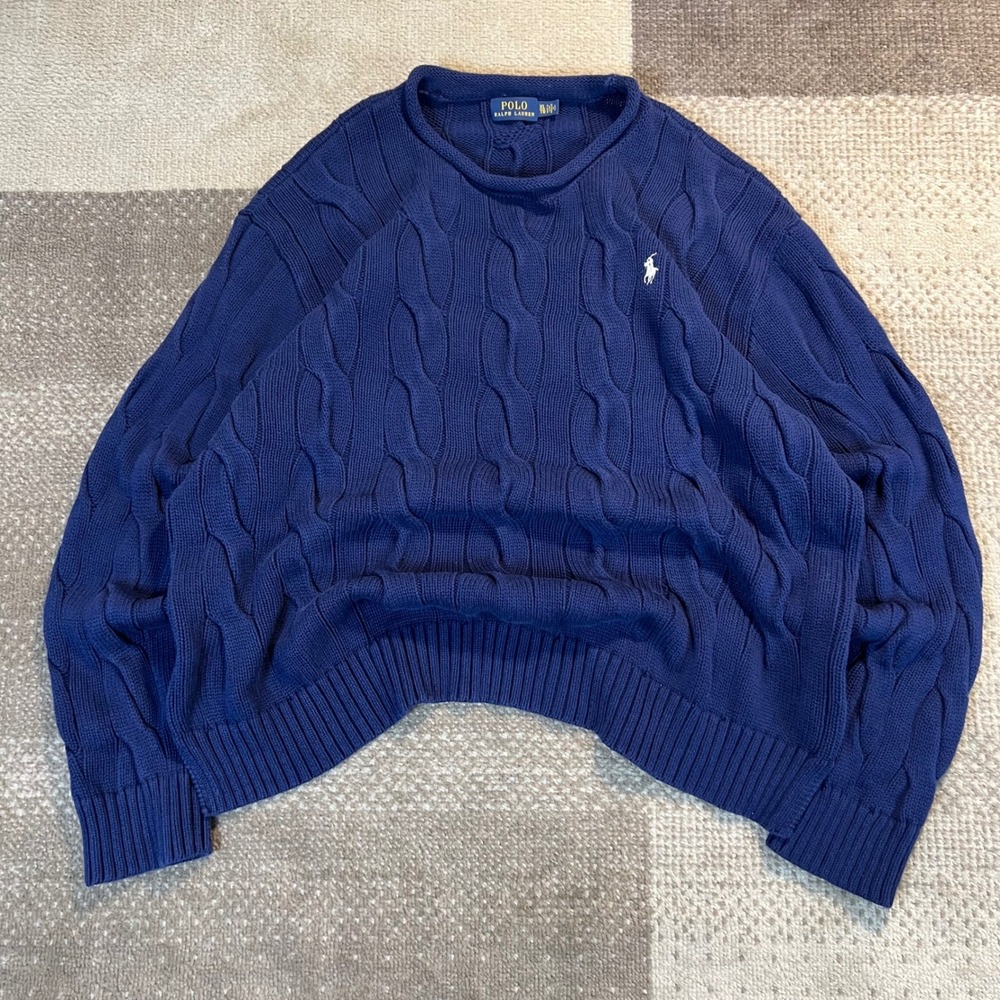 Polo Ralph Lauren Mens XL Blue Cable Knit Cotton Crewneck Sweater Pony Logo